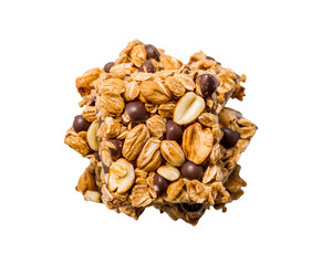 Obraz premium Healthy granola cereal bars with oats, nuts, and chocolate of stacked almond granola bars with loose almonds on transparent background Ai generative.