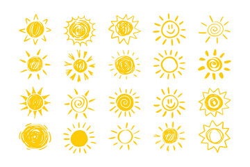 Set of yellow suns in Flat design isolated white background. funny icons sun doodle. Modern simple flat sunlight sign.  © Yanka