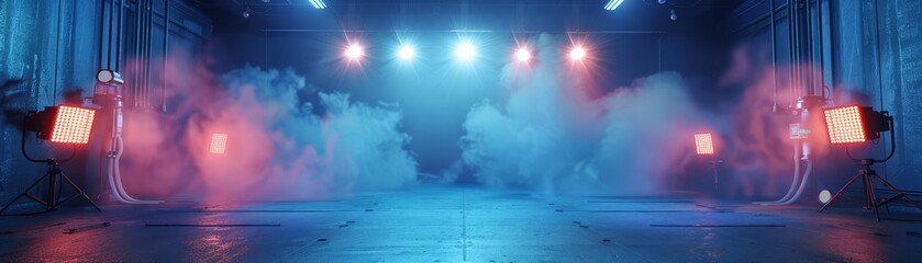 Naklejka premium A dark and foggy room with blue and red spotlights