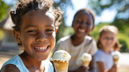 Happy young girl enjoying ice cream with friends outdoors.