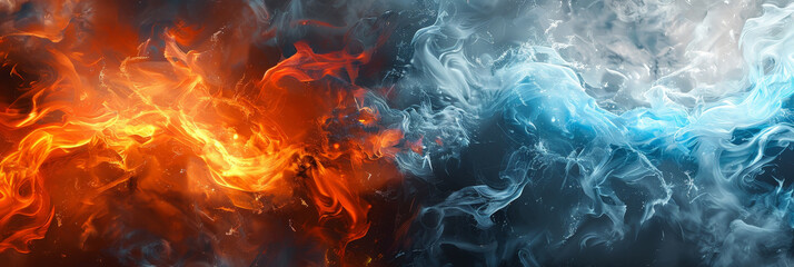 Blue and red flames colliding with particles in motion creating a dramatic and intense visual effect.banner
