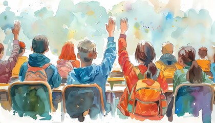 See a flat design of a student raising their hand to answer a question in class