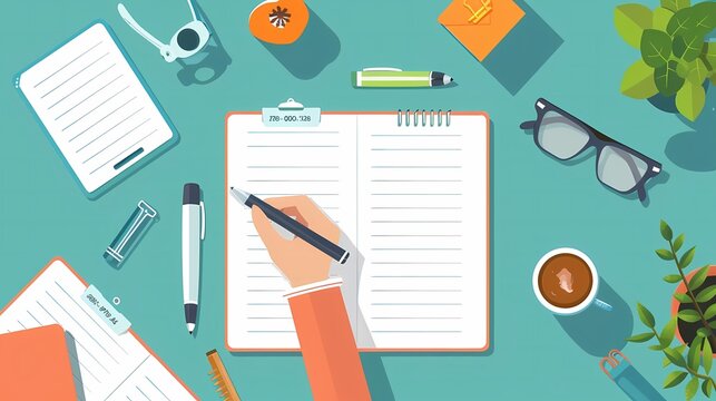 See a flat design of a student filling out their weekly planner