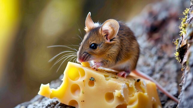 Adorable mouse sitting contentedly on a tempting slice of cheese