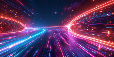 Futuristic data stream with vibrant blue and red light trails in a digital matrix environment. Vivid light trails in a digital cyber grid with glowing blue and red hues creating a dynamic visual effe
