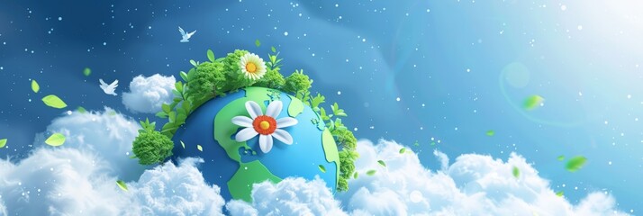 World environment day banner template design with flower, tree and earth in the sky with clouds representing the environmental protection concept. World environmental protection campaign poster