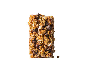Obraz premium Healthy granola cereal bars with oats, nuts, and chocolate of stacked almond granola bars with loose almonds on transparent background Ai generative.