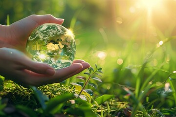 Create a photo with an ecological theme Hold a clear glass globe in your hand and construct a symbolic scene combined with green plants and natural elements To create an image of e