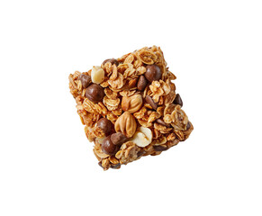 Obraz premium Healthy granola cereal bars with oats, nuts, and chocolate of stacked almond granola bars with loose almonds on transparent background Ai generative.