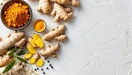 Fototapeta premium Vibrant Array of Anti-Inflammatory Roots - Ginger, Turmeric, and More on White Background with Copy Space