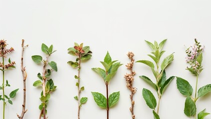 Herbal Collection of Ashwagandha, Rhodiola, and Holy Basil on White Background with Copy Space