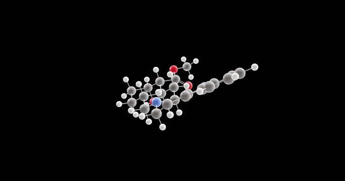 Yohimbine molecule, rotating 3D model of quebrachine, looped video on a black background