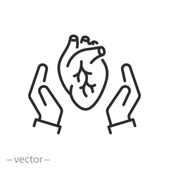 icon of heart care, hands holding heart organ, cardiovascular support concept, thin line symbol - vector illustration