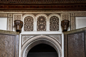 Obraz premium Closeup of Mudejar art in Morocco with ornamental work of brick, plaster and wood
