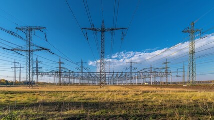 Transmission Power Lines Extending Across Rural Landscape at Sunset