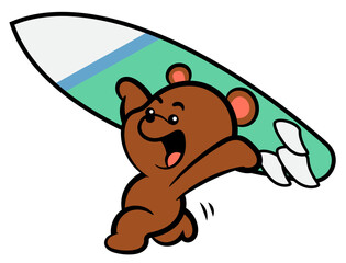 Cute Teddy Bear cartoon characters carrying a surfboard at beach. Best for sticker, logo, and mascot with summer themes for kids