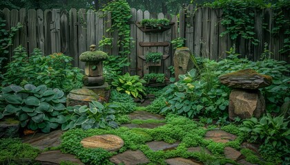 Tranquil house side yard with lush greenery and vintage wooden gate for a peaceful ambiance