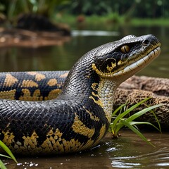 Fototapeta premium snake in the grass , Majestic Anaconda Coiled in the Heart of the Amazon Rainforest , Close Encounter with an Anaconda in the Lush Amazon Jungle , Amazon Expedition: Captivating Anaconda Photography