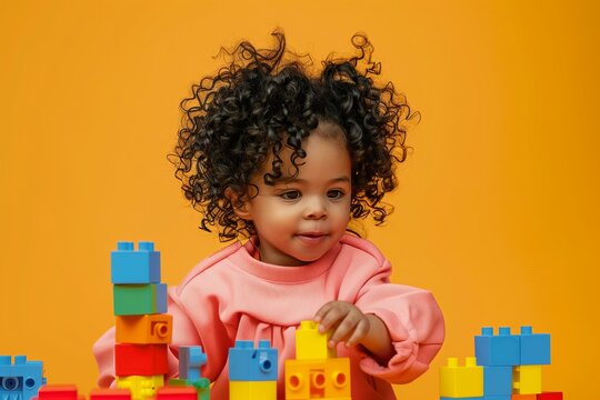 curious black toddler girl with curly hair, wearing a pink jumper and playing with building blocks, solid orange background