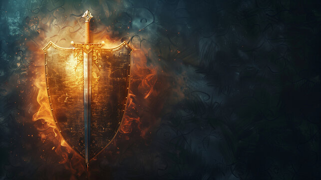 fantasy knight  shield with fire sword isolated on dark grunge background with copy space for text, Medieval period concept