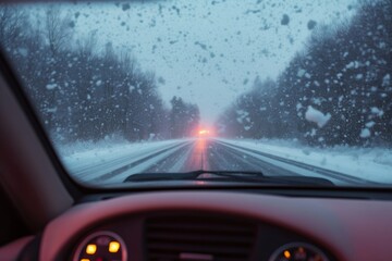 winter driving - view through the windshield on a snowy road at dusk