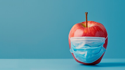 World food safety day concept or social distancing concept with apple wearing surgical mask isolated on blue background with copy space for text