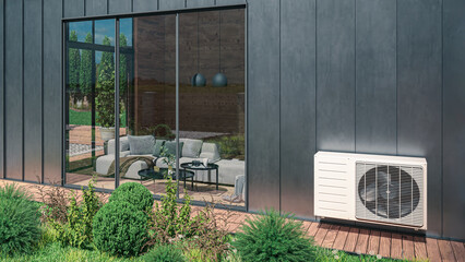 Air heat pump installed at facade of a modern house - 3D visualisation