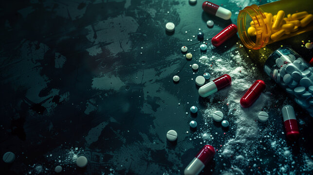 Illegal drugs concept with heroin powder and  pills on dark background, top view