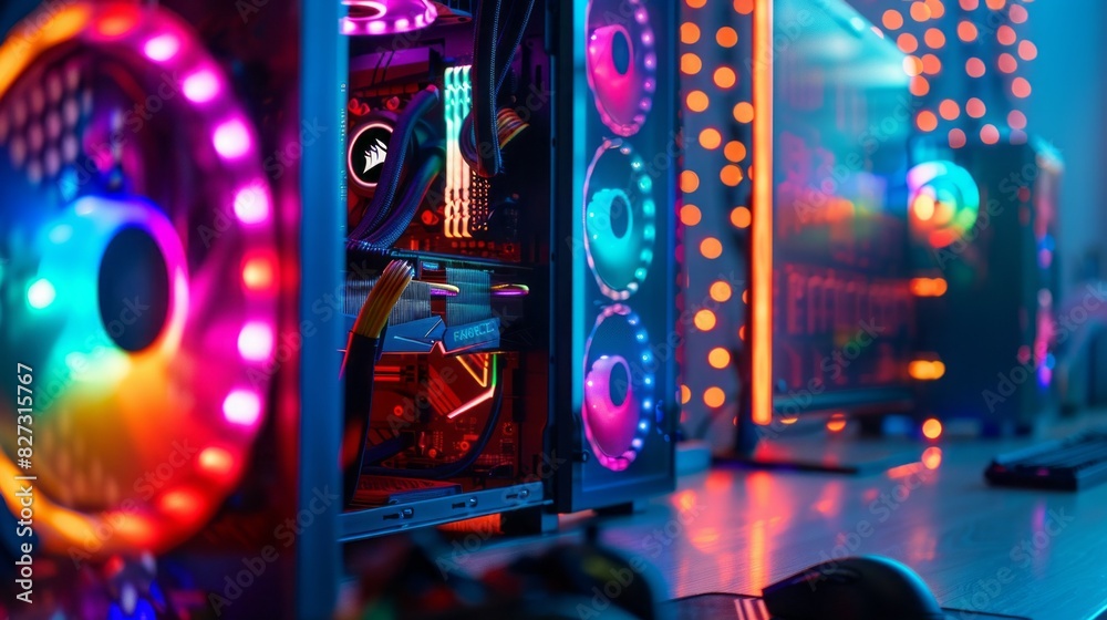 Poster A computer setup with neon colored fans and a neon colored monitor