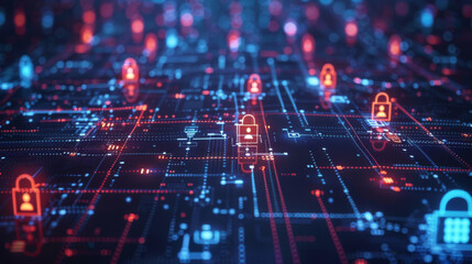 Fototapeta premium Abstract digital art showing a network grid with multiple lock icons symbolizing cybersecurity.
