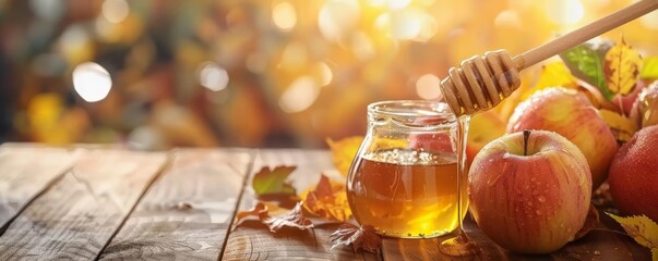 Jewish Rosh Hashanah Focus on a family dipping apples in honey with a festive table background, empty space center for text
