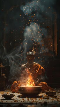 Hindu Yajna Focus on a priest performing a yajna ritual with a sacred fire background, empty space center for text