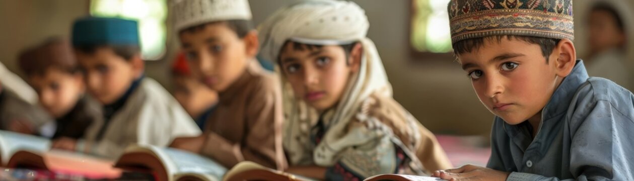 Islamic Study Focus on a group of children learning the Quran with a madrasa background, empty space right for text