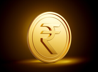 Golden Shiny Rounded Indian Rupee INR Coin On Shiny Golden Glow Background 3d Illustration