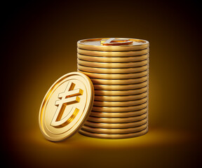 Stack Of Golden Shiny Turkish Lira Rounded Coins On Shiny Golden Glow Background 3d Illustration
