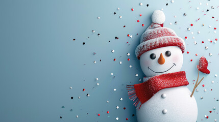 A 3D cute snowman peeking from the right side of an empty white wall, wearing a red scarf and hat with silver glitter confetti on a blue background