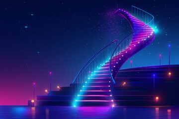 Futuristic neon DNA helix staircase in a digital illustration, representing the journey of genetic research and technological advancement in molecular biology