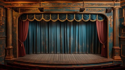 theater stage with red curtains. Vector classic theatre scene for performance, opera, concert, dance or music show. Background with glowing spotlights illumination on wooden floor and stairs