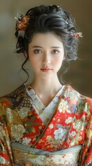 Portrait of a beautiful Japanese woman in traditional kimono