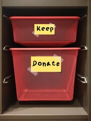 Box with labels KEEP or DONATE , concept of declutter your house,figuring out how to do with things...