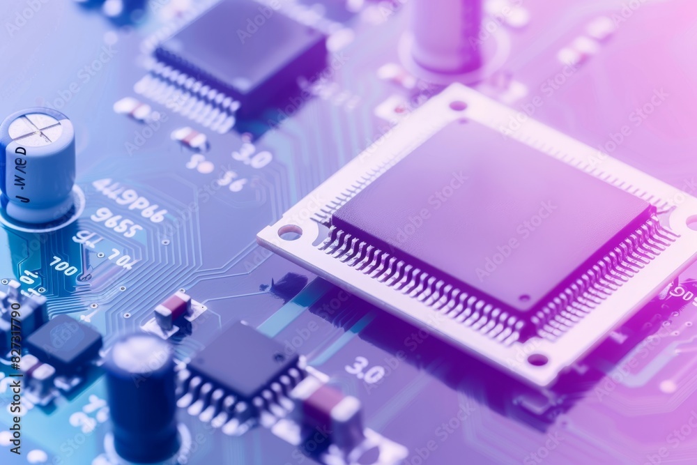 Poster Detailed view of a microchip on a circuit board, highlighting electronic components and intricate connections, representing modern technology.
