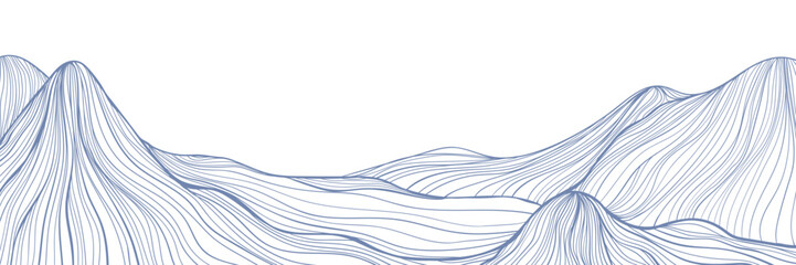 Abstract line art landscape background.Mountains and sun wallpaper. Best for deign invitation, packaging design, wall art, banner or cover. Vector illustration.