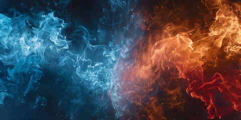 Blue and red flames colliding with particles in motion creating a dramatic and intense visual effect.banner
