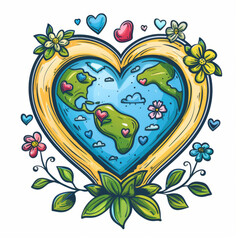 Fototapeta premium Illustration of Earth inside a heart frame, adorned with flowers and hearts, symbolizing love for the planet.