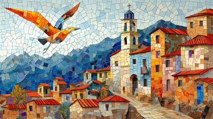 Colorful mosaic artwork depicting a picturesque Italian village with a flying bird.