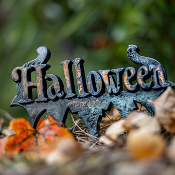 The word Halloween old metal 3d sign in grave outside soil ground gothic vintage antique grunge text typography shop October promotion advertising event isolated plain background spooky banner