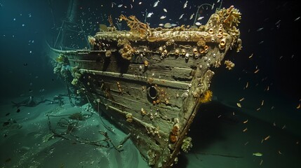 An ancient, barnacle-encrusted shipwreck provides shelter, food, and a thriving ecosystem for marine life.