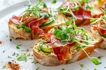 Close-up with Bruschetta with baguette, bacon or meat, cream cheese, micro-greenery, fresh cucumber and sprouts, on white plate on white textured background. Antipasto - generative ai