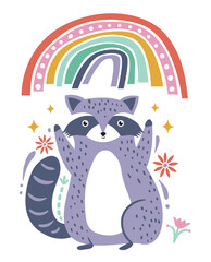 Regenbogen Zeichnung mit Waschbär, Vektor