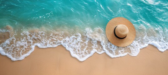 Fototapeta premium Tranquil summer scene sandy beach with sun hat against azure sea, perfect vacation backdrop